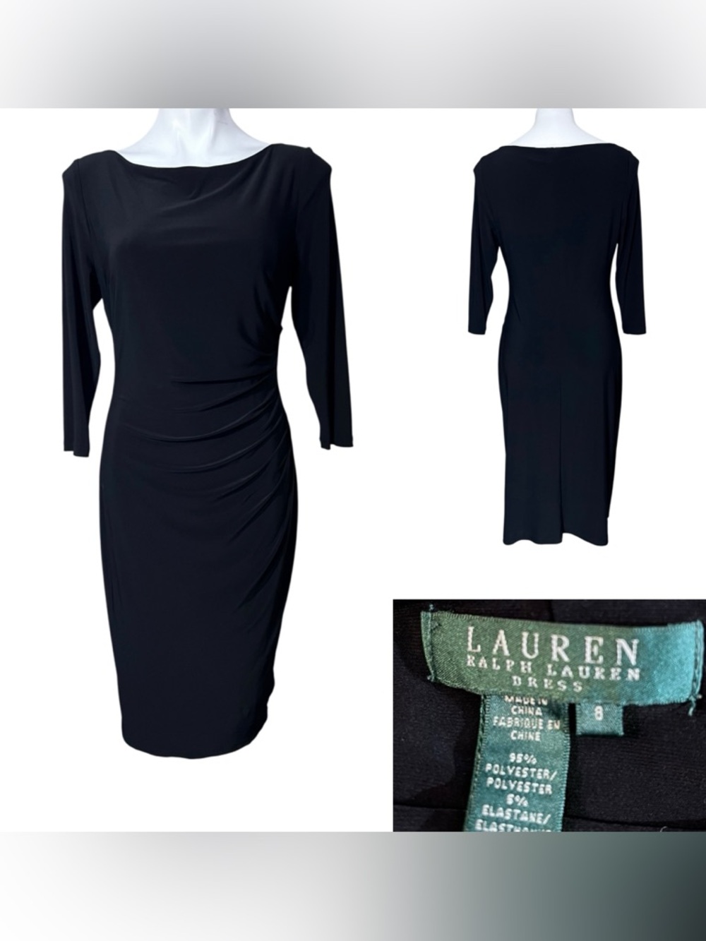 Lauren‎ Ralph Lauren dress sz 8 Black 3/4 Sleeve Ruched Sheath stretch office